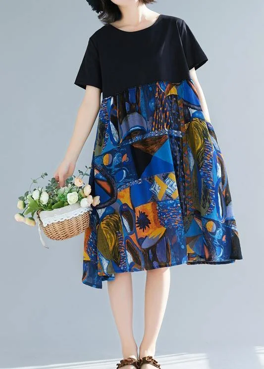 Loose blue prints cotton linen plus size dresses patchwork oversized summer Dress