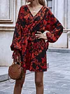 Floral-Print Puff Sleeve V-Neck Bohemia Mini Dress