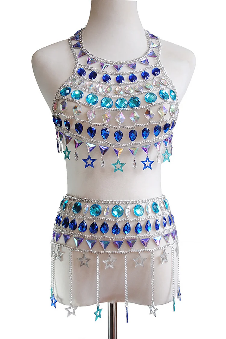 Metal Rhinestone Halter Multilayer Star Pendant Body Chain