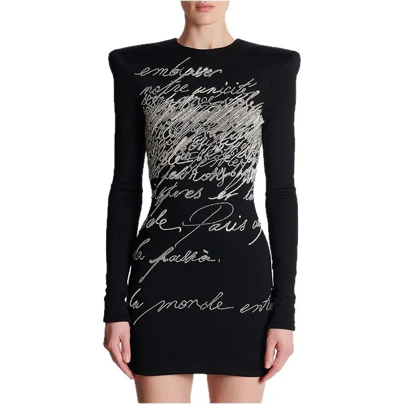 Nigikala Nigikala Star High Street Fashion Heavy Industry Letter Nail Beads Drill Body Elastic Long Sleeve Dress