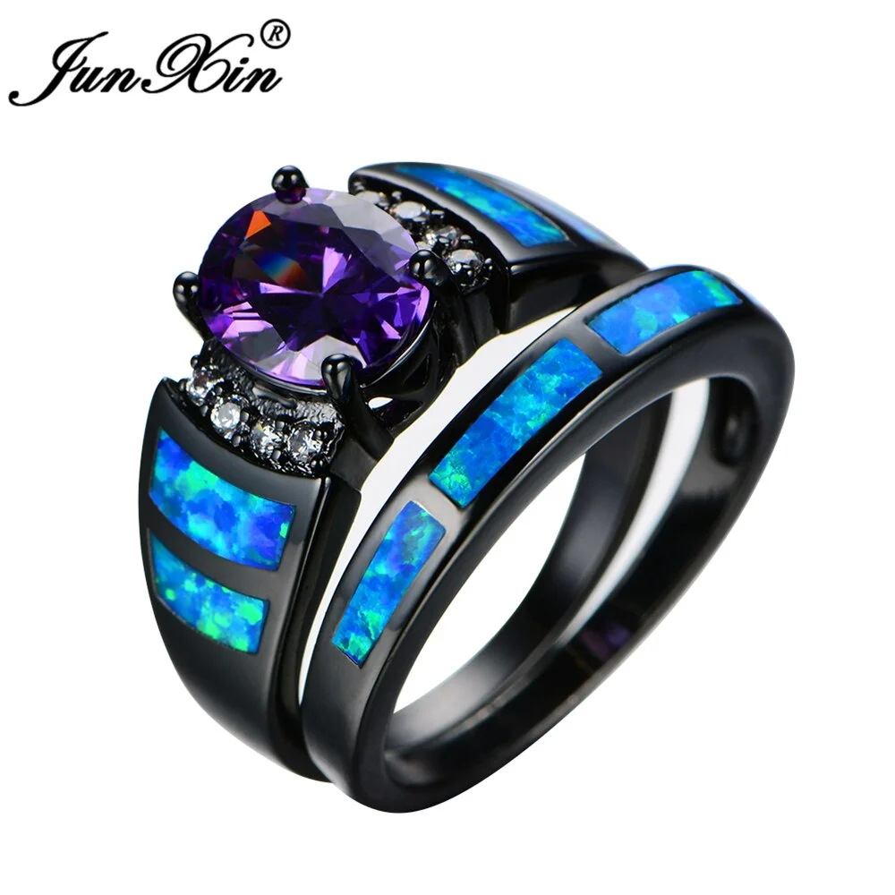 JUNXIN Fashion Women Purple Ring Set Blue Fire Opal Wedding Ring Black Gold Filled Zircon Jewelry For Women Bridal Sets