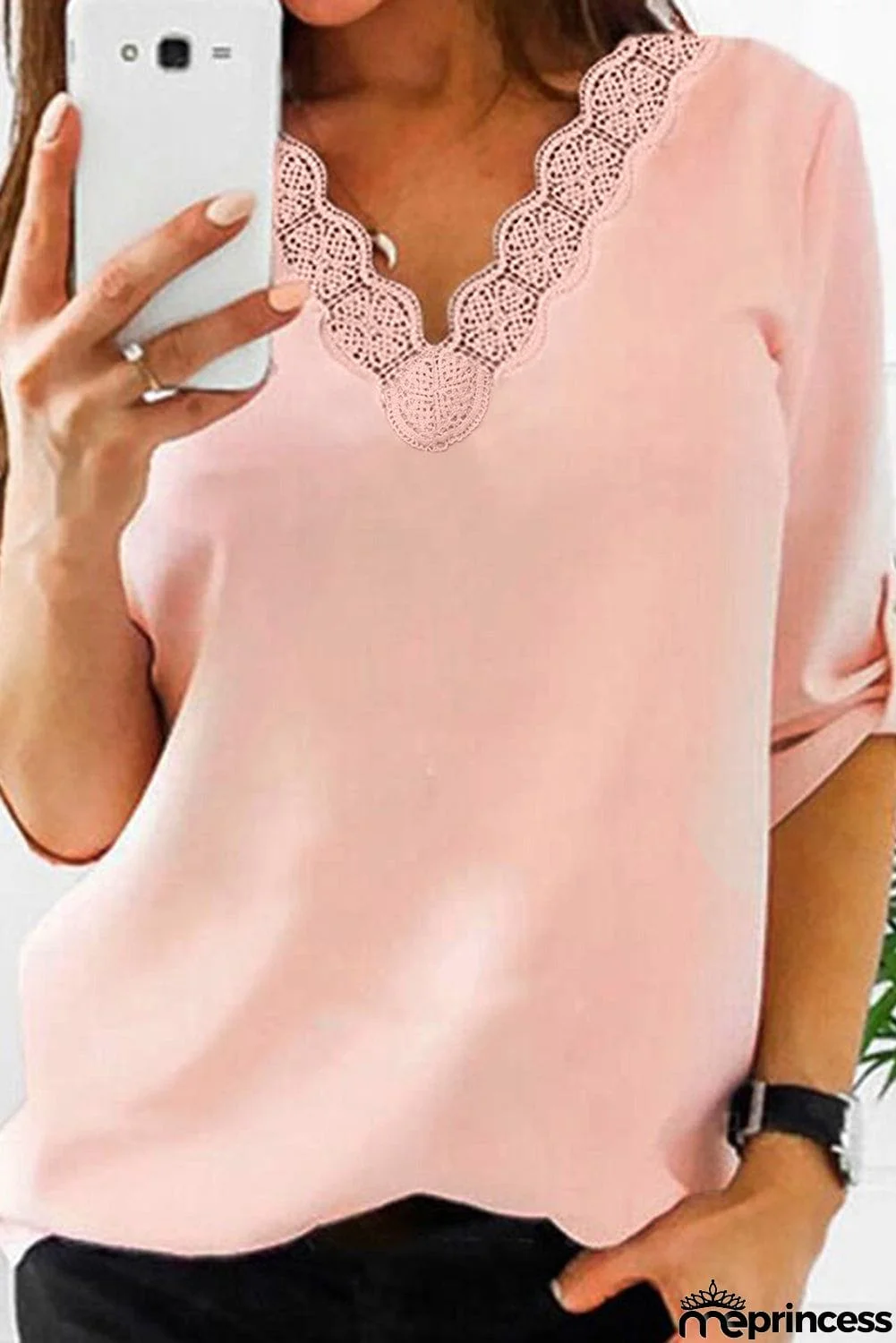 Lace V Neck 3/4 Sleeves Blouse