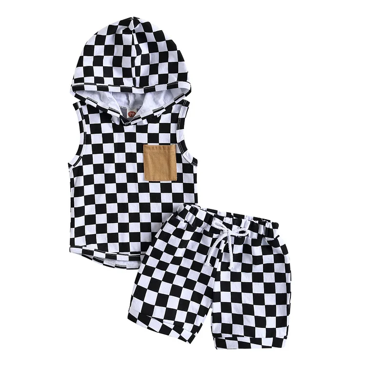 Toddler Baby Checkerboard Print Summer Clothes Set Hooded Tank Tops+Shorts