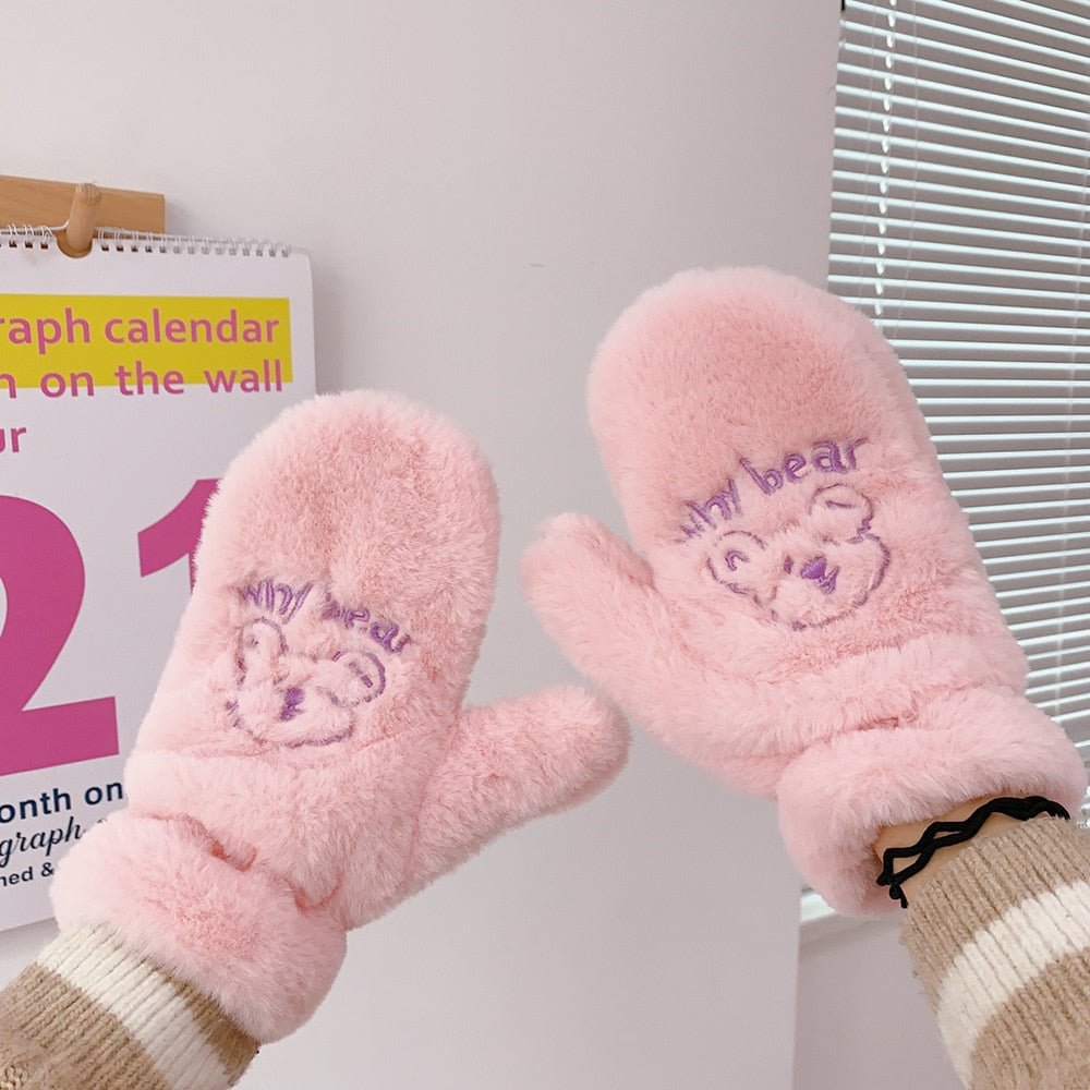 2021 Females Korean Ins Bear Dog Gloves Women's Girls Winter Kawaii Cute Bears Plush Fur Thick Riding Mittens Glove Keep Warm