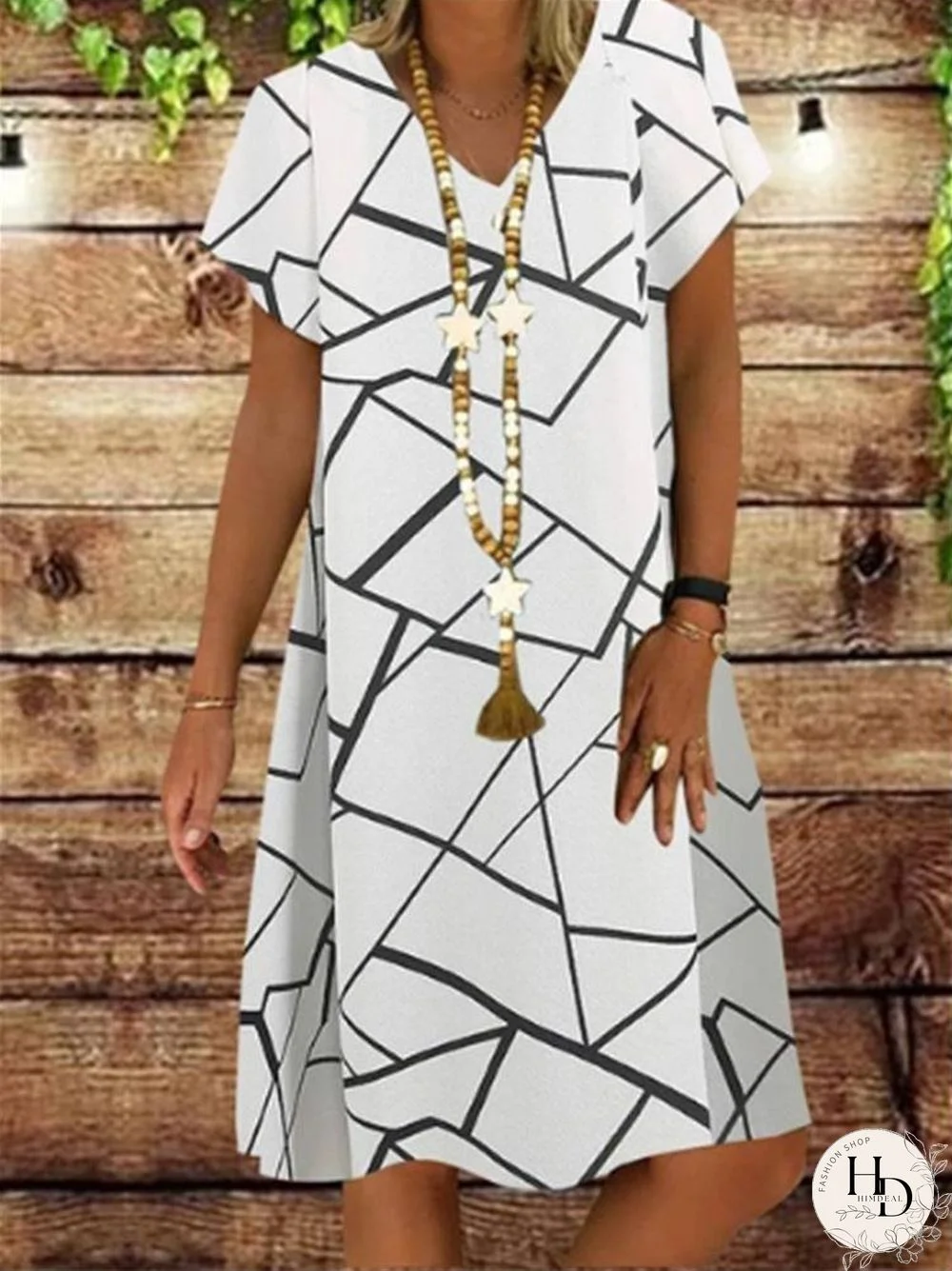 Women Casual V-Neck Irregular Cross Line Print Short Sleeve Summer Dress