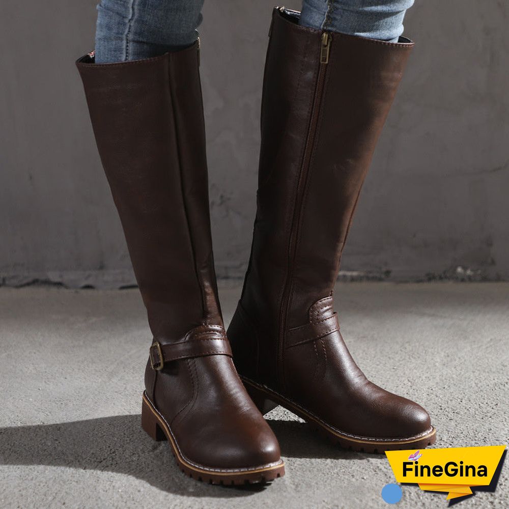 Vintage Round Toe Buckle Tall Boots Chunky Heel Riding Boots
