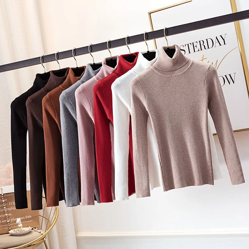 2020 Autumn Winter Thick Sweater Women Knitted Ribbed Pullover Sweater Long Sleeve Turtleneck Slim Jumper Soft Warm Pull Femme
