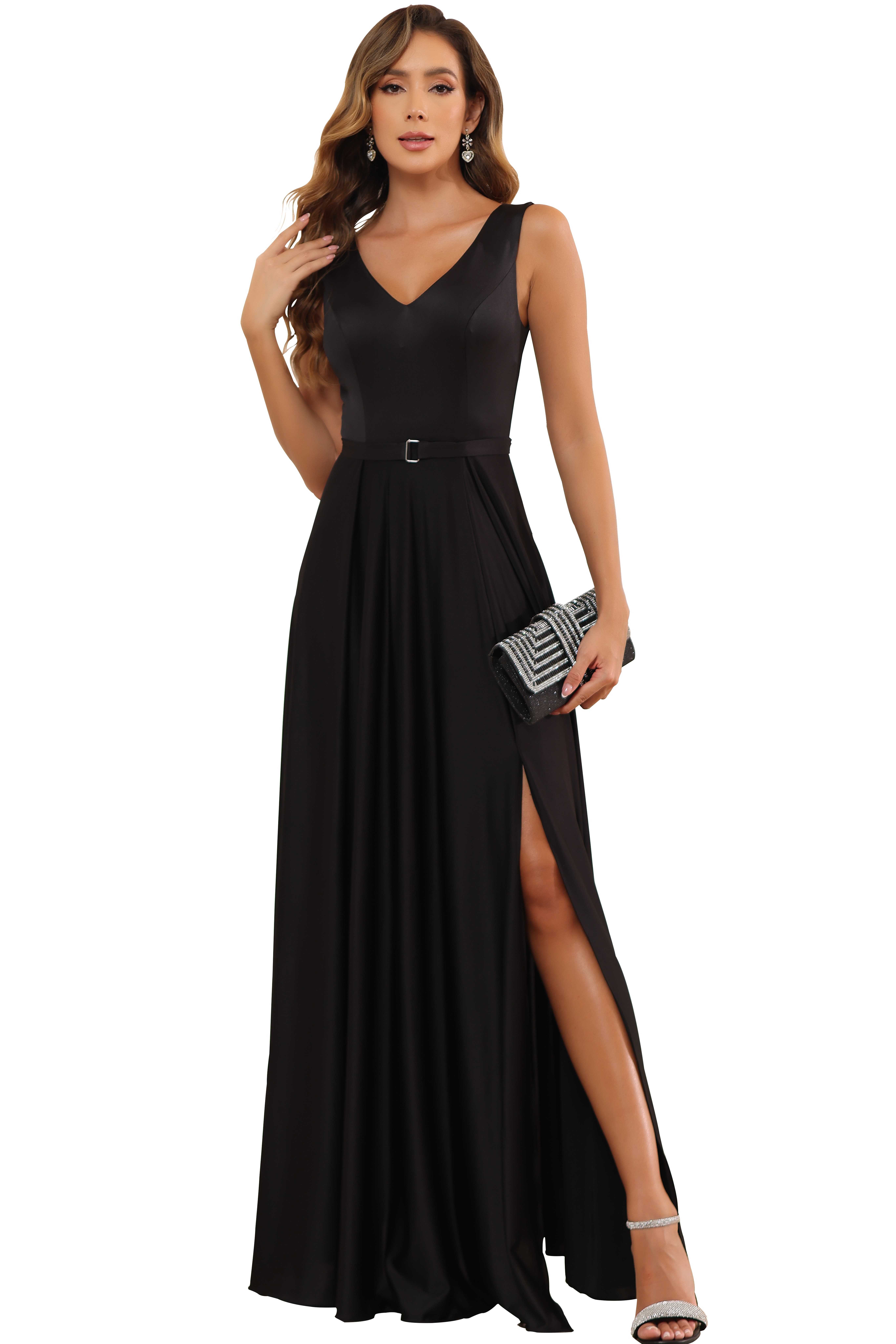 Oknass Black V-neck Sleeveless Split Simple Cocktail Prom Dress
