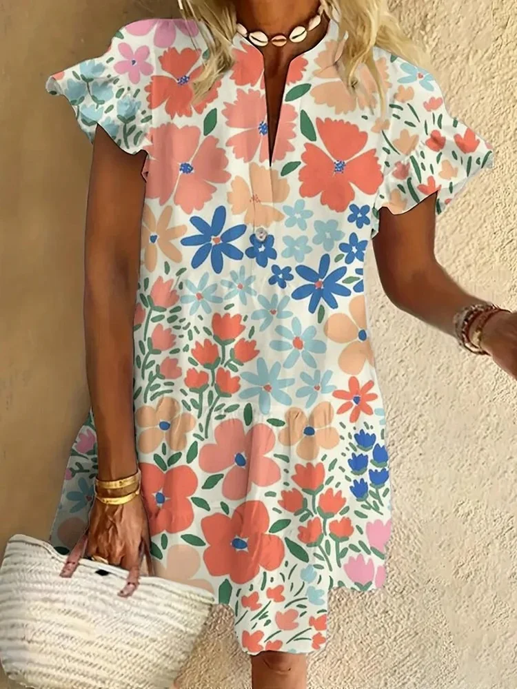 Floral Art Print Ruffled Short-sleeved V-neck Buttoned Dress Vacation Beach Dress