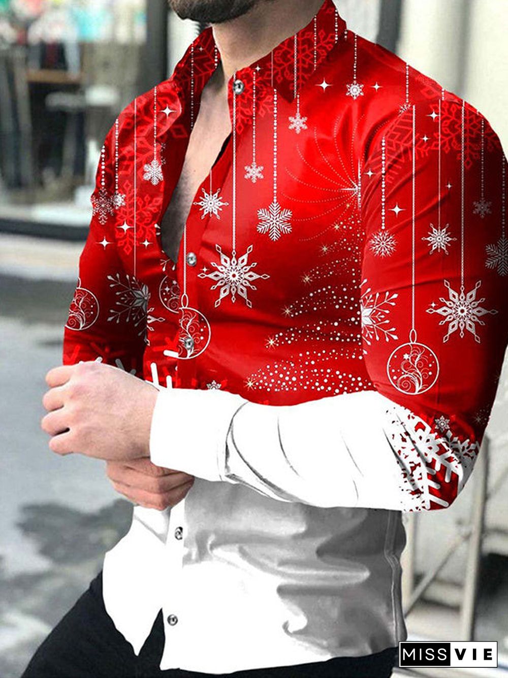 Men Long Sleeve V-neck Christmas Graphic Printed Buttons Shirts