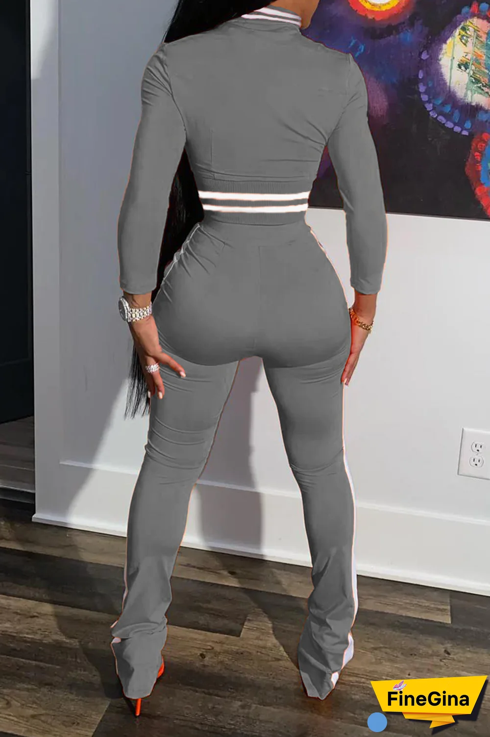 Black Street Print Patchwork Mandarin Collar Long Sleeve Two Pieces