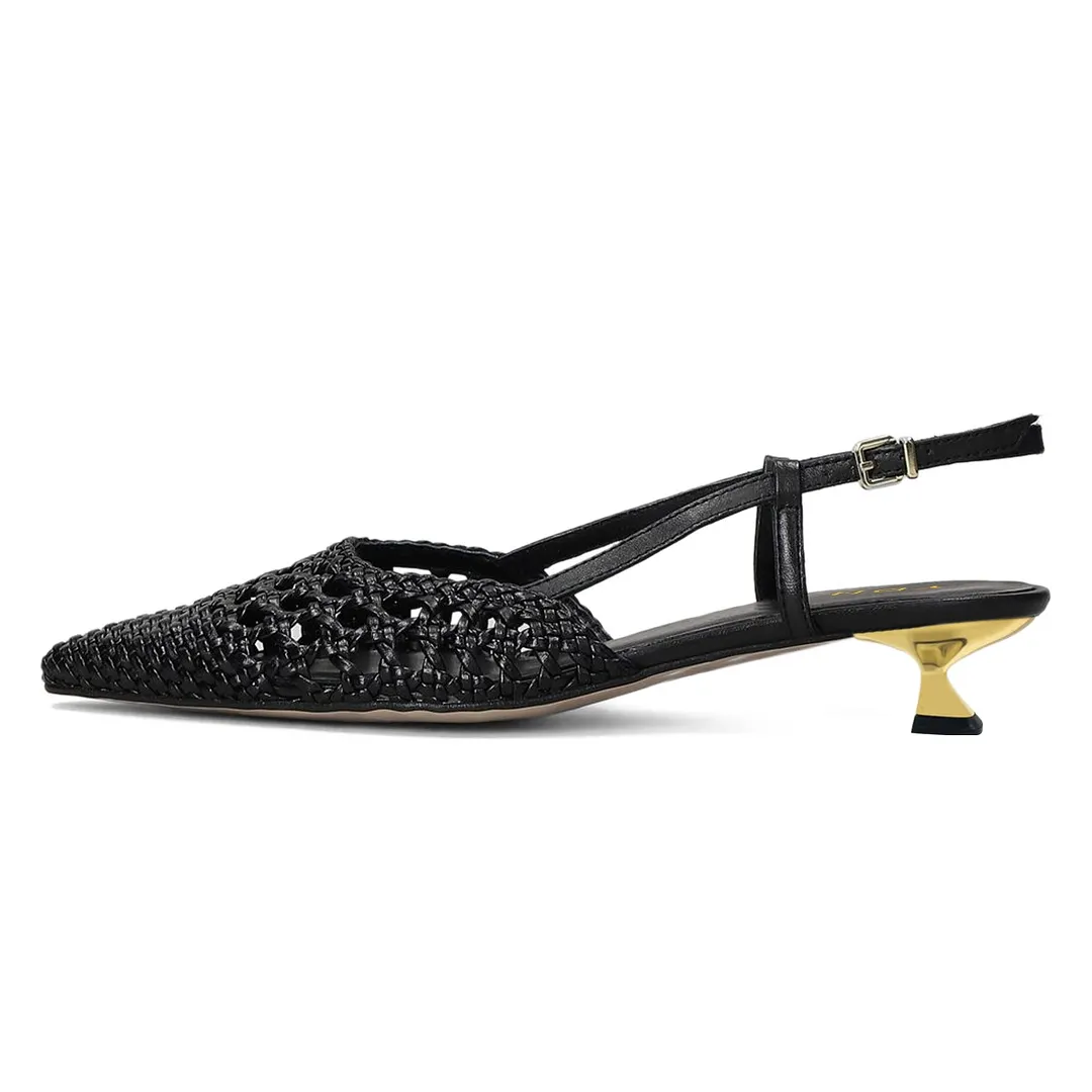 Pointed Toe Woven Cut-Out Slingback Kitten Heel Pumps in Black