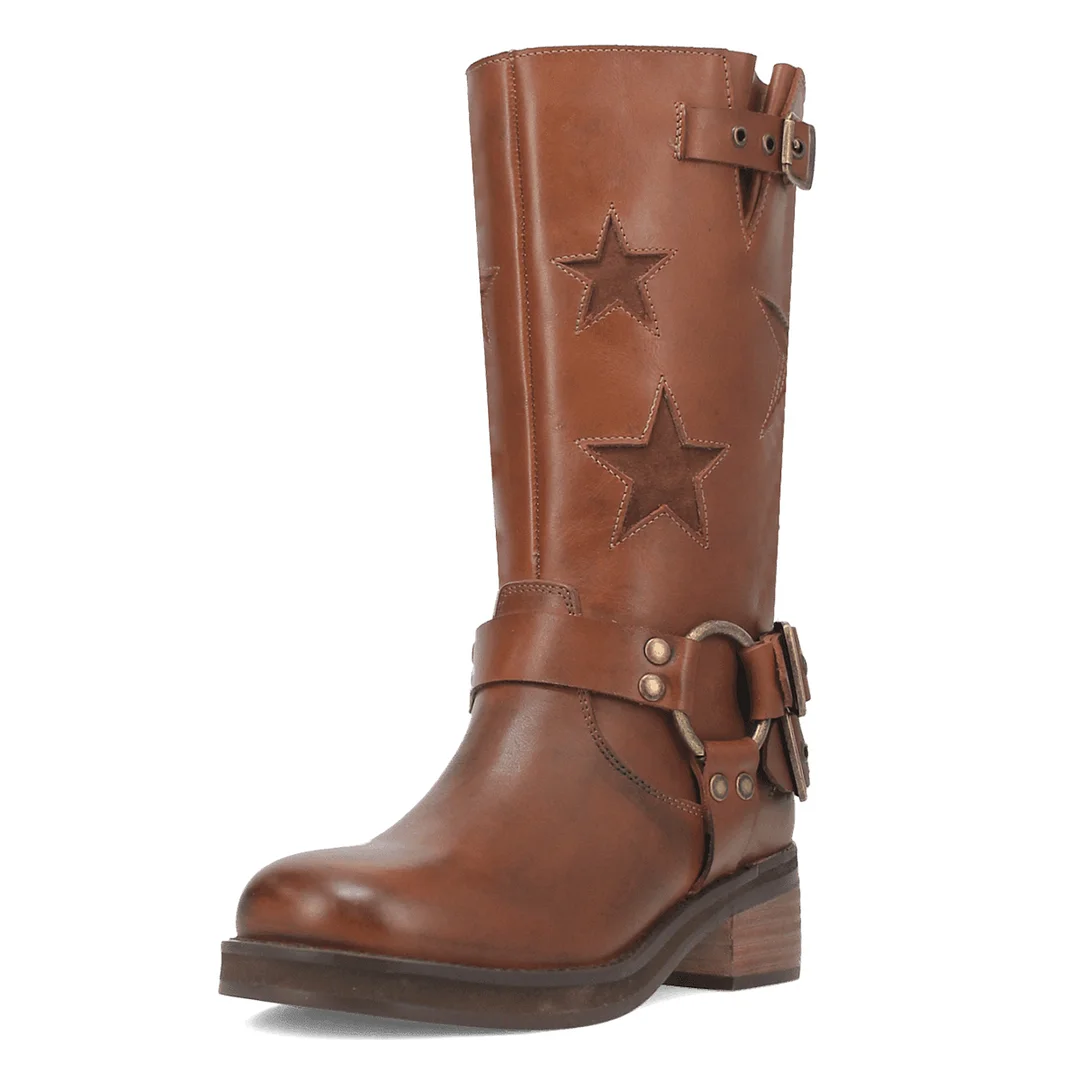 Vegan Leather Brown Star Inlay Studded Buckle Strap Block Heel Boots