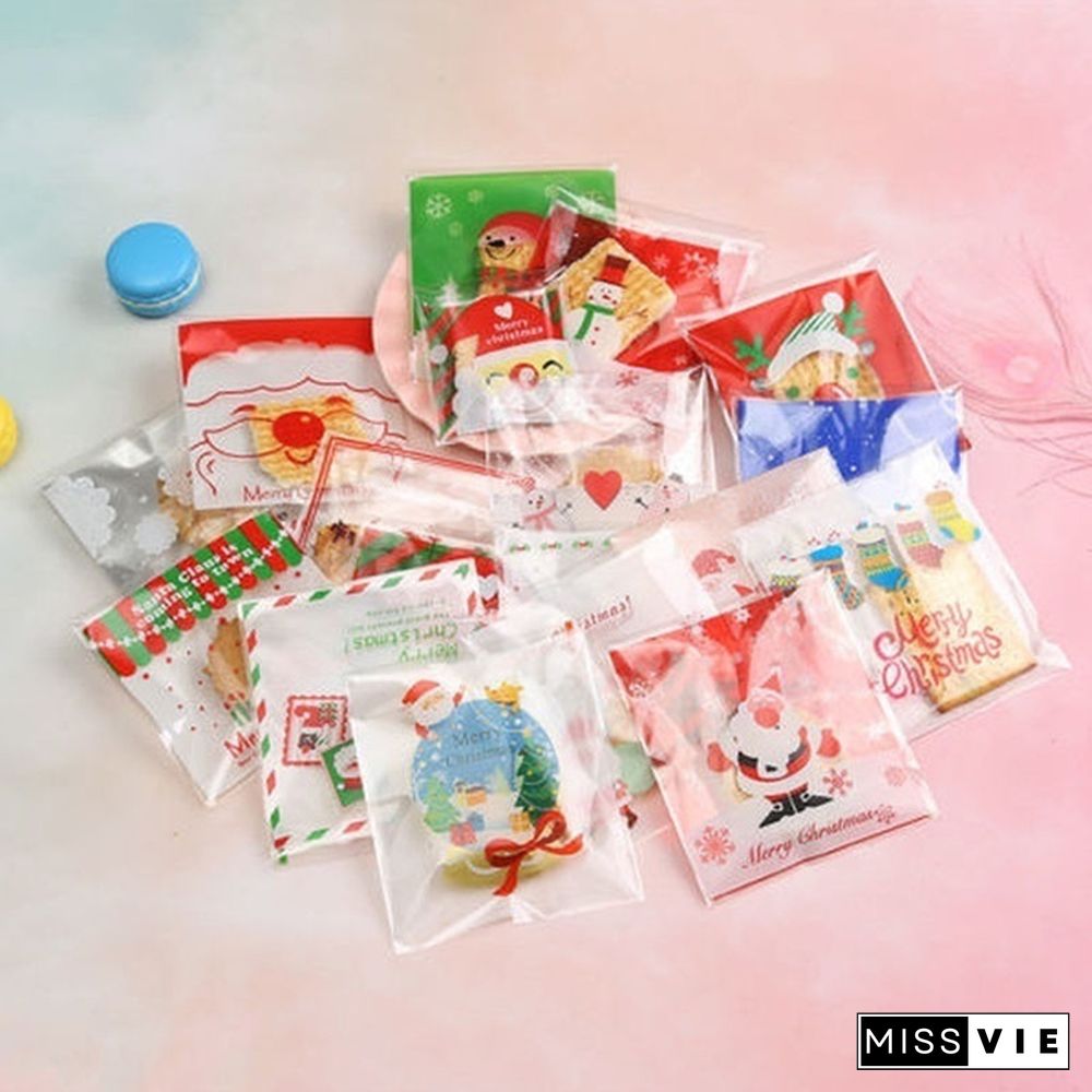 100Pcs Merry Christmas Candy Gift Bags Xmas Cellophane Santa Cello Cookies
