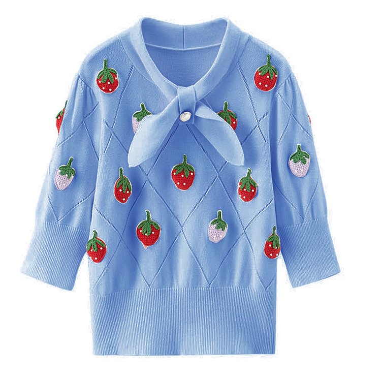 Loose Strawberry Embroidery Knitted Casual T-Shirt - Modakawa Modakawa