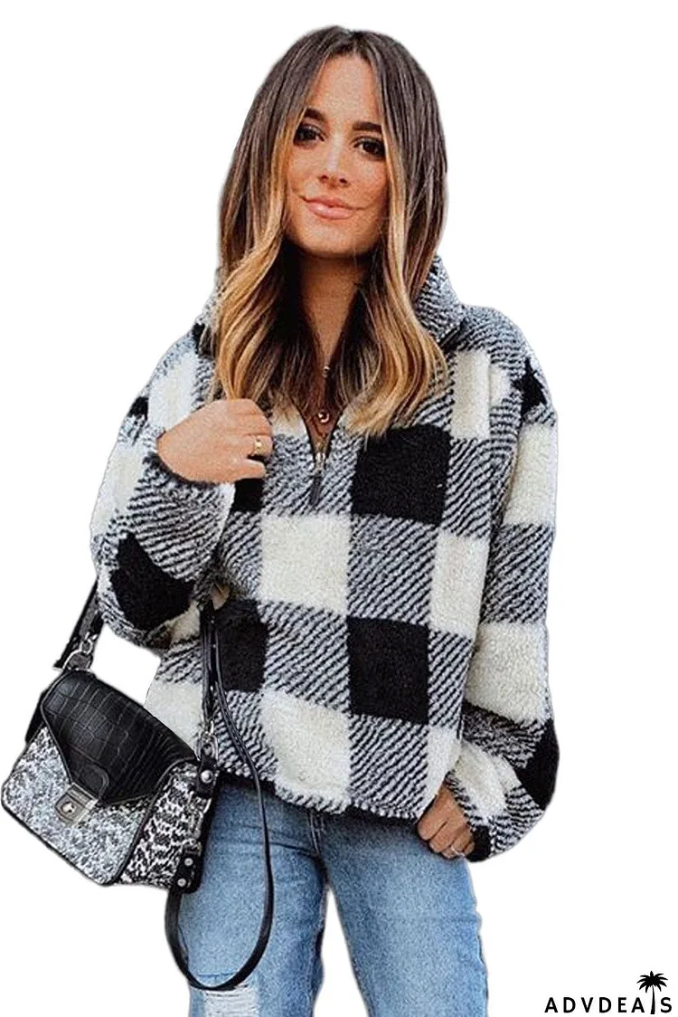 Plaid Zip Collar Plush Pullover Sweatshirt