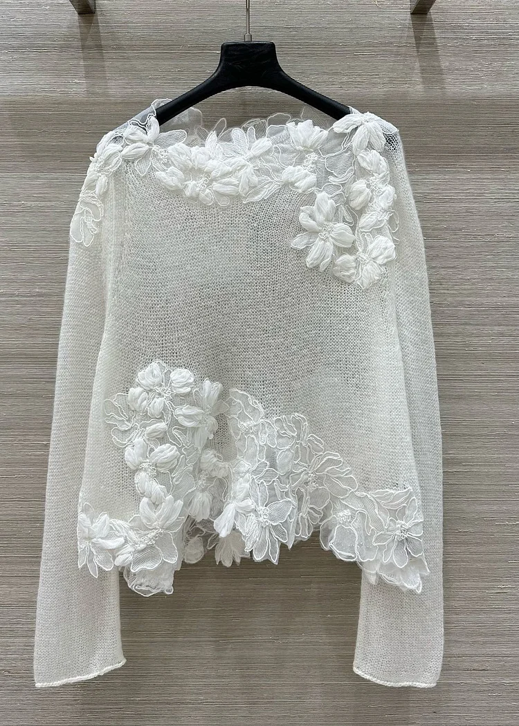 Stylish White O-Neck Floral Knit Shirt Tops Fall