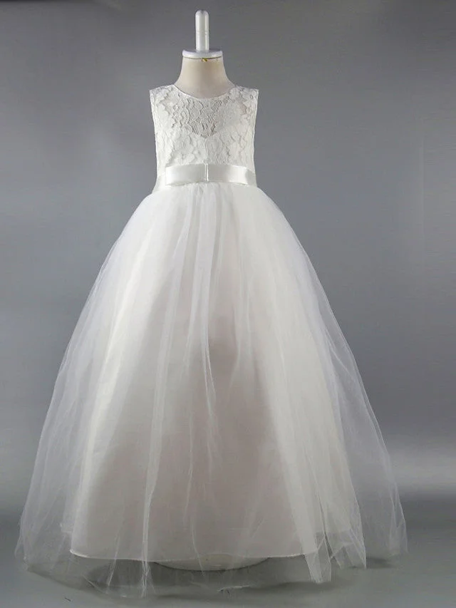 Daisda Ball Gown Sleeveless Jewel Neck Ankle Length Flower Girl Dress Satin With Lace  Sash  Ribbon  