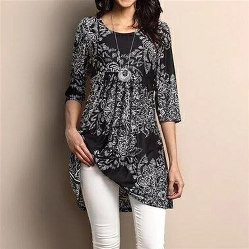 Women Fashion Tops Bohemian Three Quarter Sleeve Paisley Floral Print O-neck Muti Colors Loose Female Long Tops Plus Size