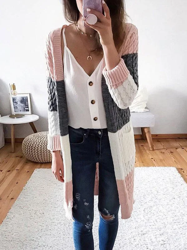 Chain Knit Knee Length Open Front Cardigan