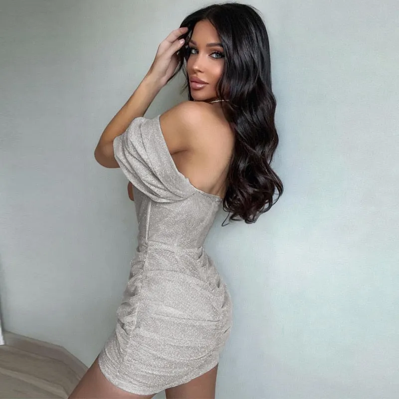 wsevypo Sexy See Through Glitters Bodycon Dress Night Clubwear Women Off-Shoulder High Waist Wrapped Corset Dresses Vestidos
