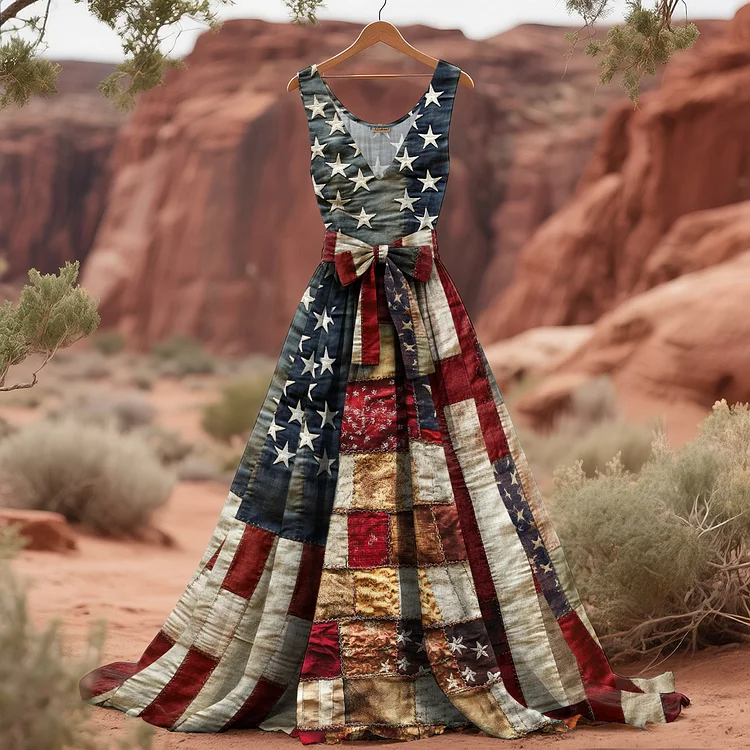 Women's Vintage Independence Day Flag Art Linen Tank Maxi Dress