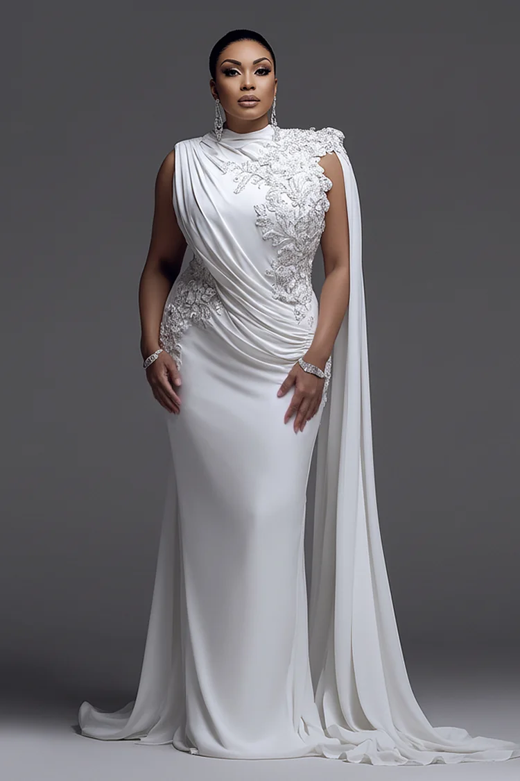 Xpluswear Design Plus Size Wedding Lace White Round Neck Cape Sleeve Fold Chiffon Maxi Dresses [Pre-Order] 2024 - Xpluswear