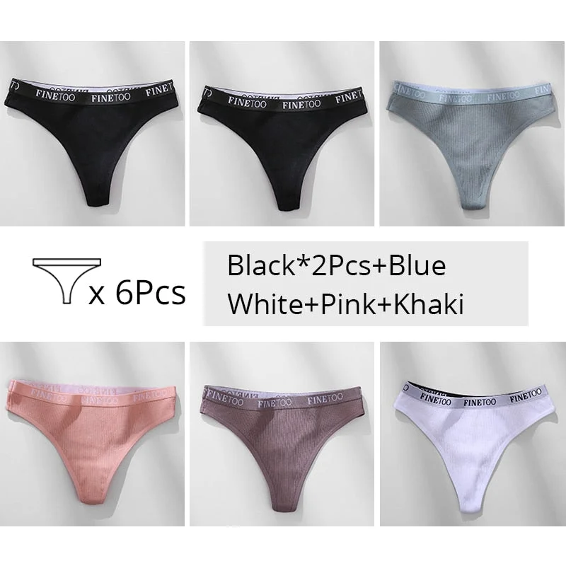 FINETOO Trendy Letter Thongs Cotton G-string Underwear M-XL Girls Bikini Underpants Comfortable Thong Panties 6Pcs Female Panty
