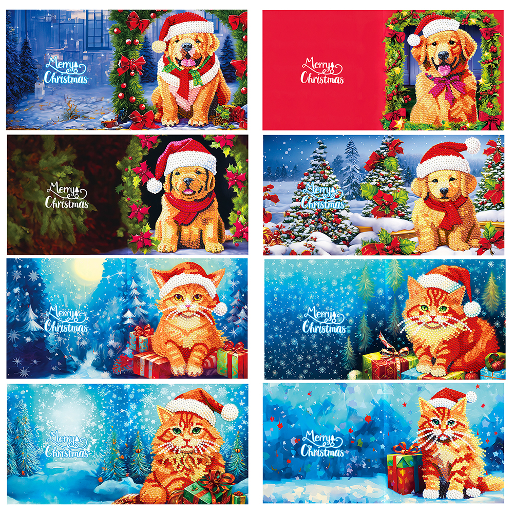 Christmas Crystal Rhinestone Embroidery Cards Kits (Xmas Cat Dog x 8 PCS Set)
