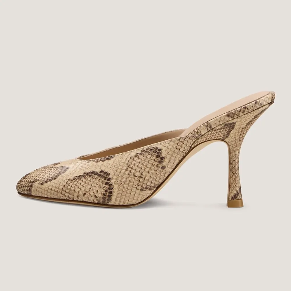 Chic Beige Snake Print Round Toe Stiletto Heel Mules for Women