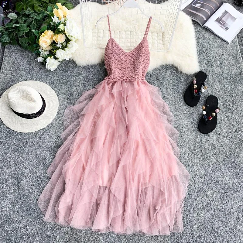 FTLZZ New Women Tulle Dress Summer Mesh Dress Summer High Waist Hem Asymmetrical Pleated Fairy Dress Female Slim Dresses