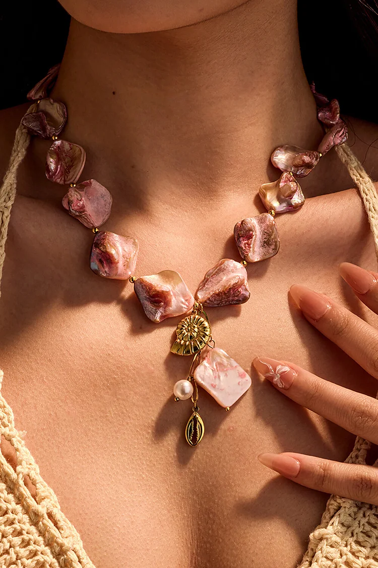 Pink Shell Beaded Alloy Conch Faux Pearl Pendants Vacation Necklace