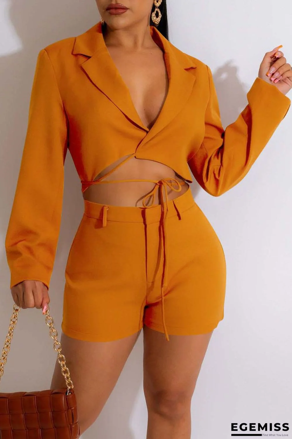 Caramel Colour Fashion Casual Solid Bandage Patchwork V Neck Long Sleeve Two Pieces | EGEMISS