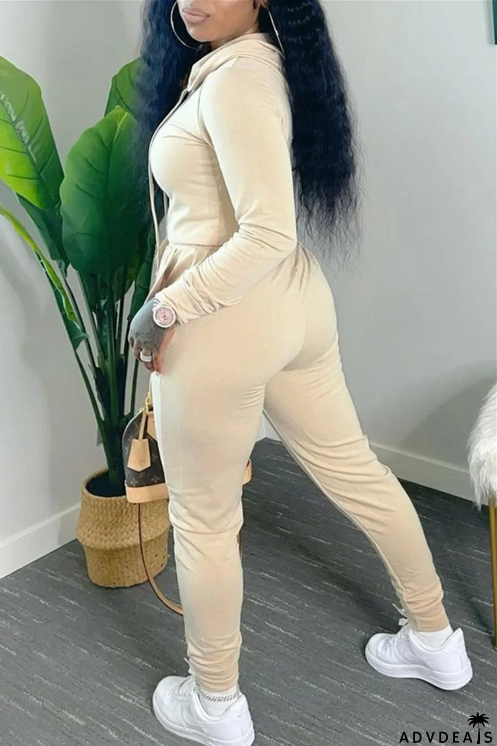 Coffee Fashion Casual Solid Basic Hooded Collar Long Sleeve Two Pieces