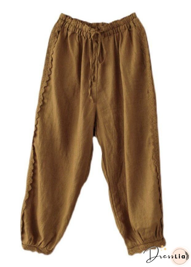 Unique Brick Red Lace Patchwork Linen Crop Pants Summer