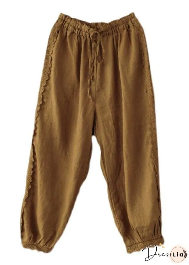 Unique Brick Red Lace Patchwork Linen Crop Pants Summer