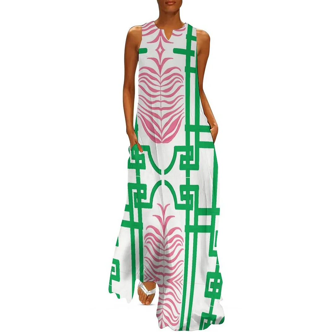 Style & Comfort for Mature Women Plus Size Printed Sleeveless Casual Women Maxi Dress with Pockets in Pattern Geometry, Green, Pink
