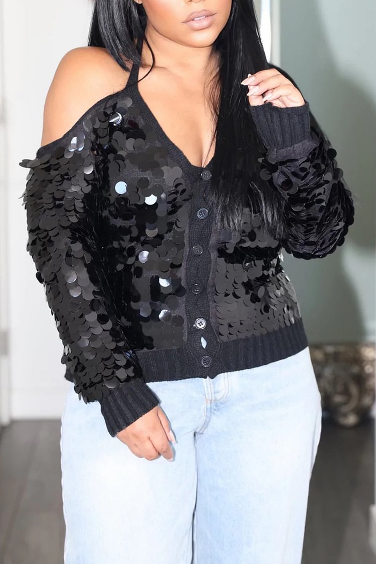 Plus Size Daily Black Sparkly Iridescent Round Sequin Sweater Hollow Out Long Sleeve Blouse