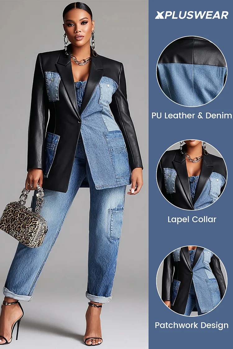 Xpluswear Design Plus Size Business Casual Blue Lapel Collar Long Sleeve Contrast Casual Cargo Denim PU Leather Two Piece Pant Suits [Pre-Order]
