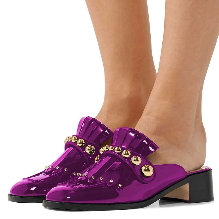 Purple Mirror Leather Fringe Studs Loafer Mules |FSJ Shoes