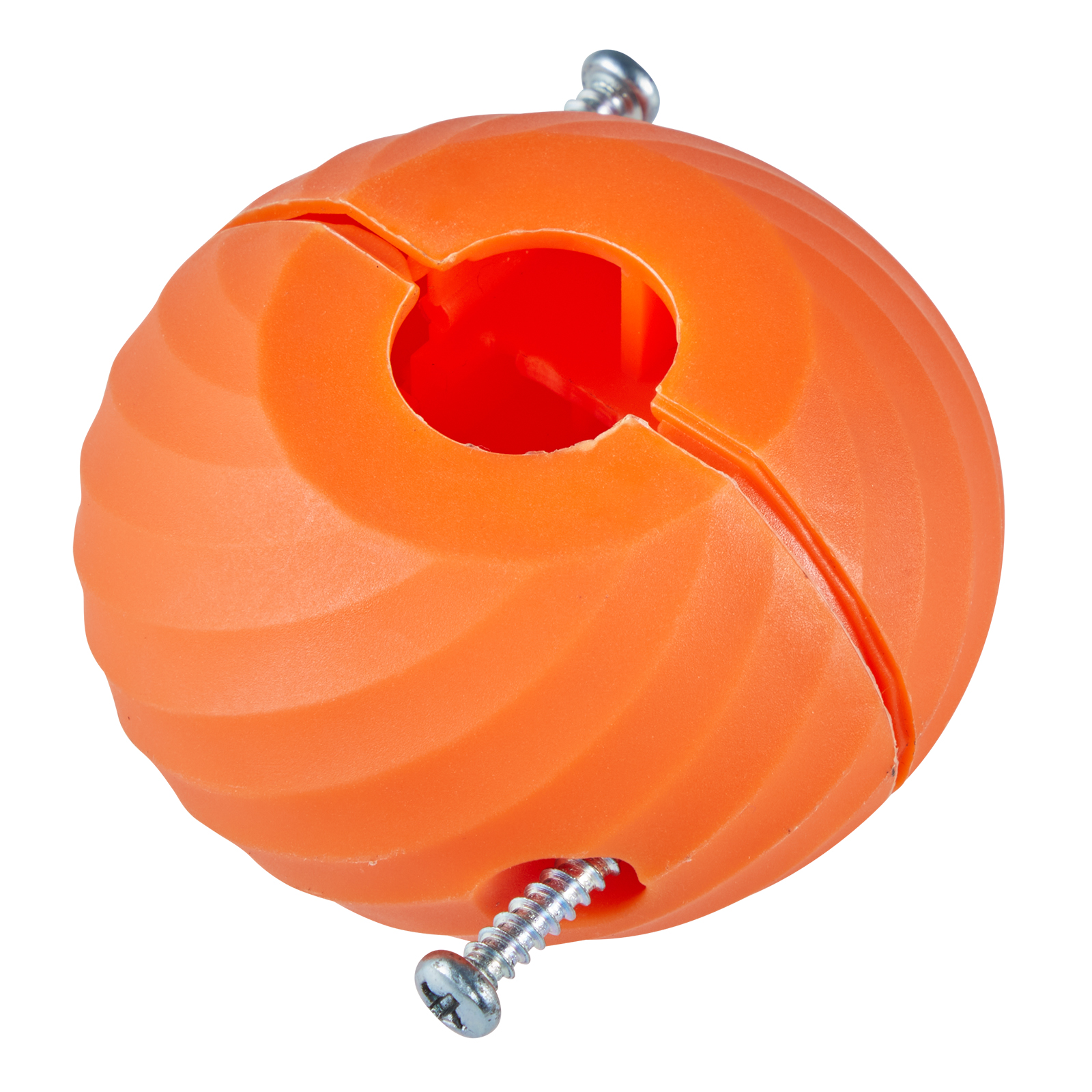 orange plastic component with screws, part of the VEVOR retractable hose reel, close-up view.