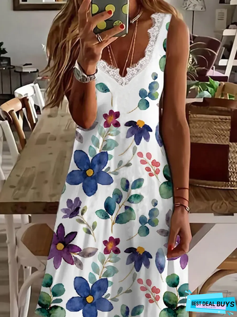 Floral Casual V neck Sleeveless Knit Dress