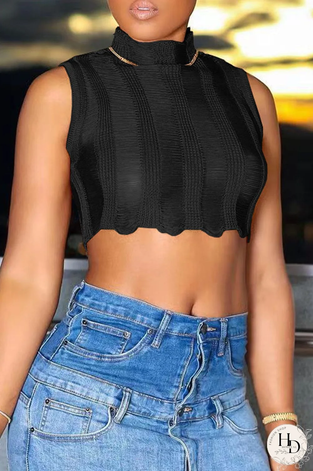 Black Sexy Solid Hollowed Out Patchwork O Neck Tops