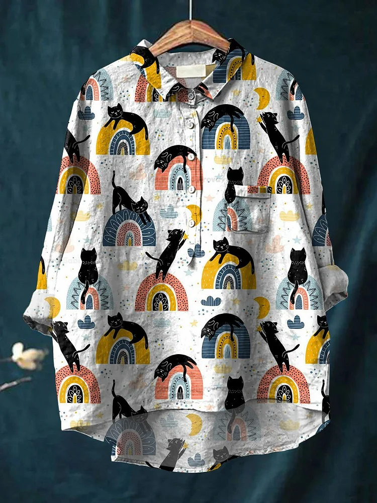 Women's Cute Cat Art Print Casual Cotton And Linen Shirt