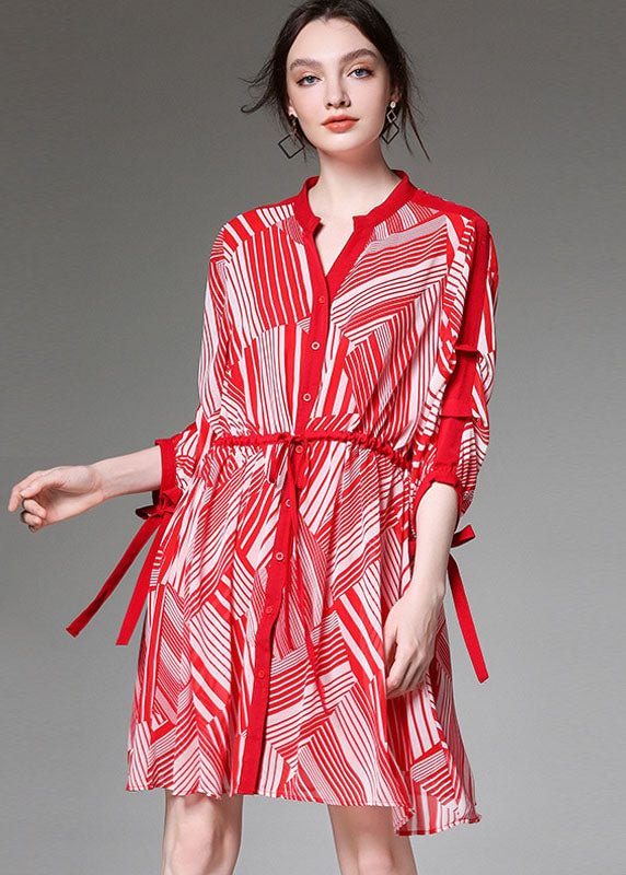 Boutique Red Tie waist Cinched Print Fall Chiffon Half Sleeve Vacation Dresses CK678- Fabulory