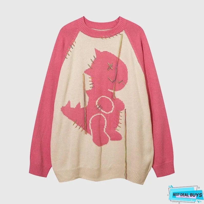 Color Contrast Dinosaur Patchwork Design Knit Pullover