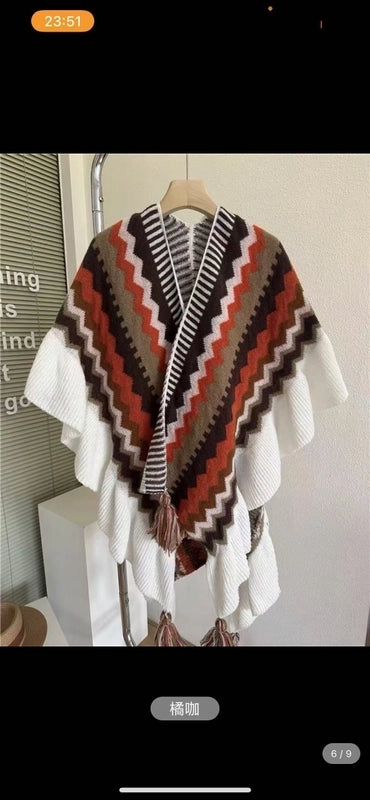 Yunnan Lijiang Travel Outside Knitted Shawl Ethnic Style Vintage Cape Cloak Tassel Scarf For Vacation Wear