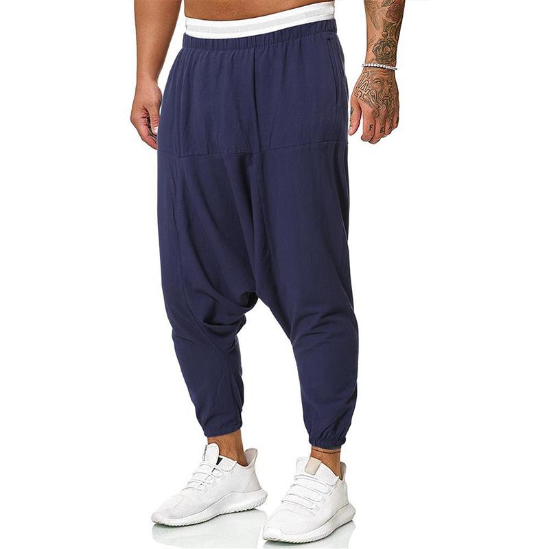 Men's Solid Cotton And Linen Loose Elastic Waist Harem Pants