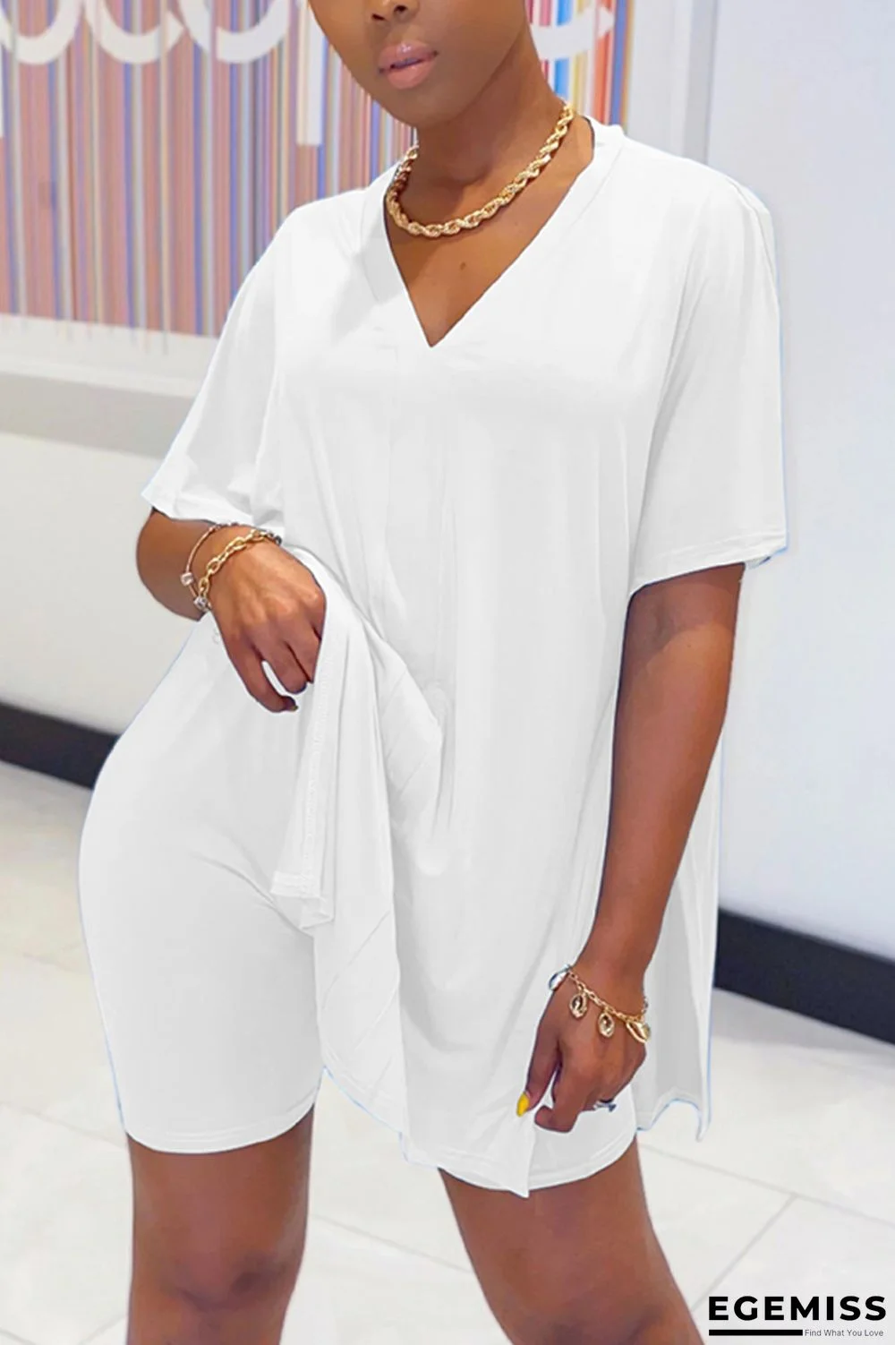 White Casual Loose Short Sleeve Top Shorts Set | EGEMISS