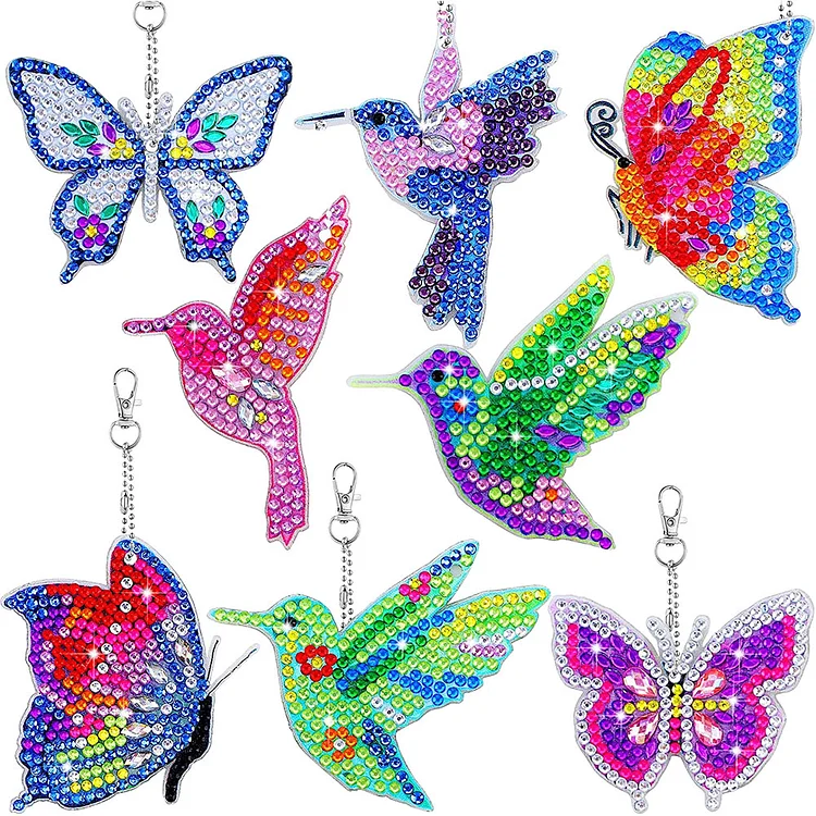 8pcs Birds And Butterflies DIY Diamond Painted Keychain Double-Sided Diamond